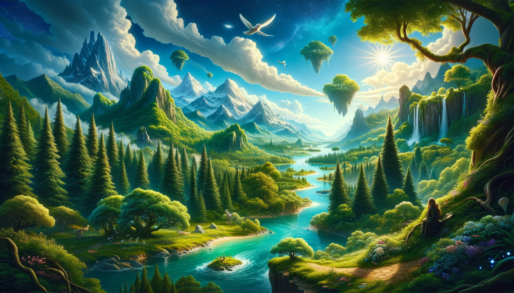 A river valley in Davisbithia with floating islands, waterfalls, and snow-capped peaks