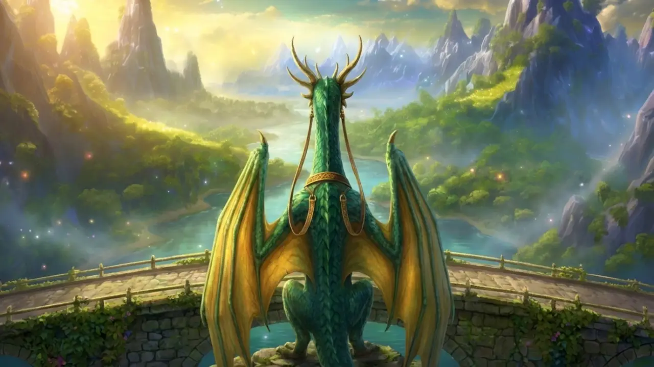 An emerald dragon stands waiting on an ivy-covered stone bridge above the valley of Davisbithia