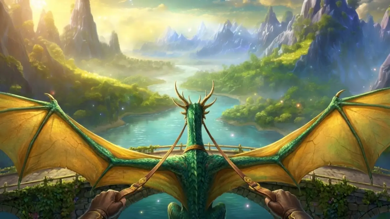 View from the dragon's back: its head and reins ahead as it leaps from the bridge into the valley